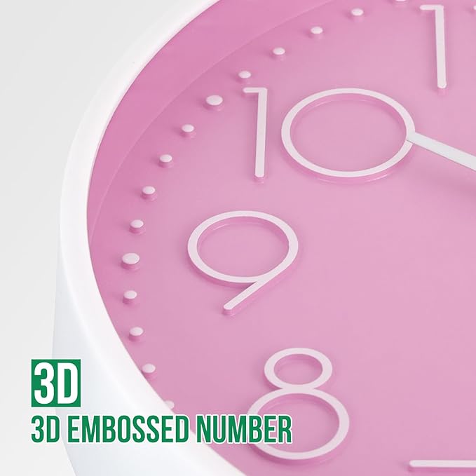 Wall Clock Non-Ticking Silent Modern Simple Style Round Decor Clock Stereoscopic Dial Quartz Wall Clocks for Home/Office/School/Living Room/Bedroom/Kitchen (Pink, 12inch)