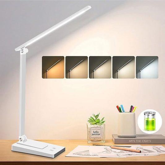 ErayLife Rechargeable LED Desk Lamp, 800LM 2600mAh Reading Table Lamp, 5 Color Modes with 5 Brightness, Aluminum Bedside Lamp with USB Charging Port for Study Home Office, White