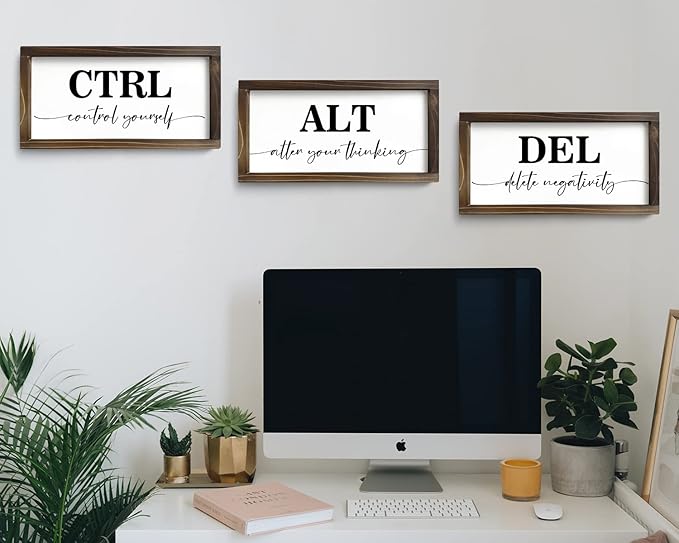 Pinetree Art Rustic Wooden Office Decor - CTRL ALT DEL Framed Motivational Wall Art - Inspirational Positive Quotes Wall Hanging, Set of 3 (6"x12"x3)