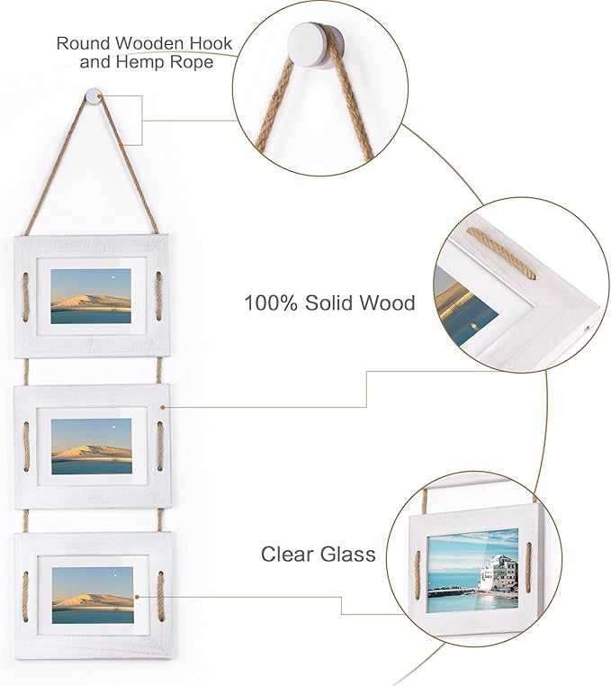 DLQuarts 5x7 Hanging Picture Frames Collage Wall Decor, 3-Opening Photo Frame 5x7 Without Mat & 3.5x5 with Mat, Rustic Wood 3-Frame, Vintage White