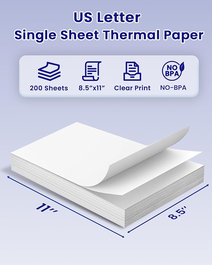 TATTMUSE Bluetooth Inkless Thermal Printer White & 200 Sheets 8.5" x 11" US Letter Thermal Paper, Compatible with iPhone Android Laptop for Home Car Office