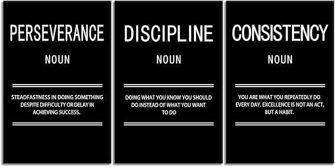3 Panel Inspirational Canvas Perseverance Discipline Consistency Print Wall Art Motivational Poster Painting Modern Inspiring Artwork for Home Living Room Office Decor Ready to Hang [72''Wx 36''H]