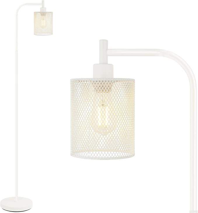 BoostArea White Industrial Floor Lamp, 67 Inch Modern Standing Lamp with Iron Mesh Lampshade, 6W LED Stand Up Lamp for Living Room, Bedroom, Office, Den