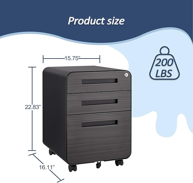 3 Drawer Mobile File Cabinet with Lock, Under Desk Storage Filing Cabinet for Home Office, Small Rolling File Cabinet for Legal, Letter and A4 Files (Black3)
