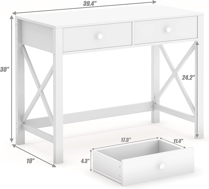 WiberWi Home Office Desk with Drawers White Modern Writing Computer Desk, Small Makeup Vanity Table for Bedroom, Study Table for Home Office