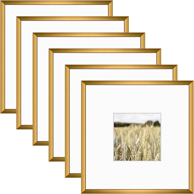 Golden State Art, Gallery Wall Frame Set of 6 - Bronze 8x8 Aluminum Photo Frames with Mat for 4x4 Pictures - 8 x 8 inch Metal Frame with Real Glass Cover - Elegant Home or Office Decor