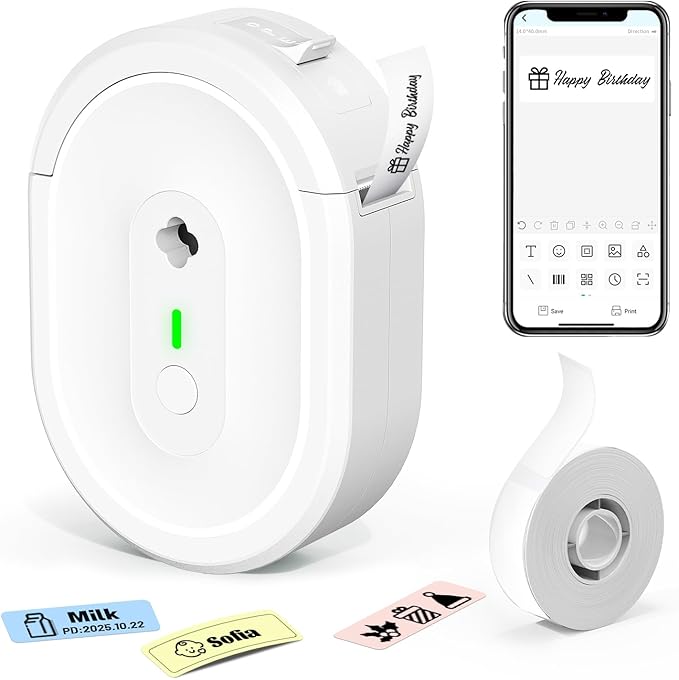 Label Maker Machine with Tape, Small Portable Bluetooth Label Printer, Handheld Mini Labeler for Home, Kitchen, Office, Waterproof Label Makers for Labeling, Gift, Kids School Items, White