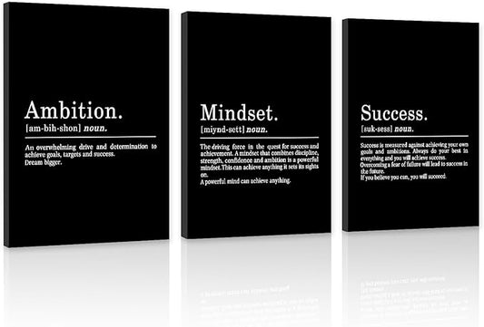 COSCTOR Set of 3 Motivational Wall Art Canvas Garage Office Workplace Living Room Bedroom Ambition Mindest Success Black and White Wall Decor Set of 3 Inspirational Quotes Posters Proverbs Paintings(Framed,12x16)