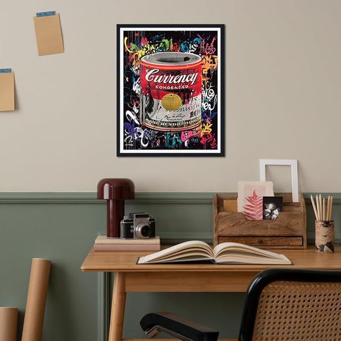 Inspirational Framed Canvas Print Wall Art Hundred Dollar Bills Roll Graffiti Wall Decor Money Poster Motivational Artwork Modern Home Office Decoration Ready to Hang 12.5x16.5 inch