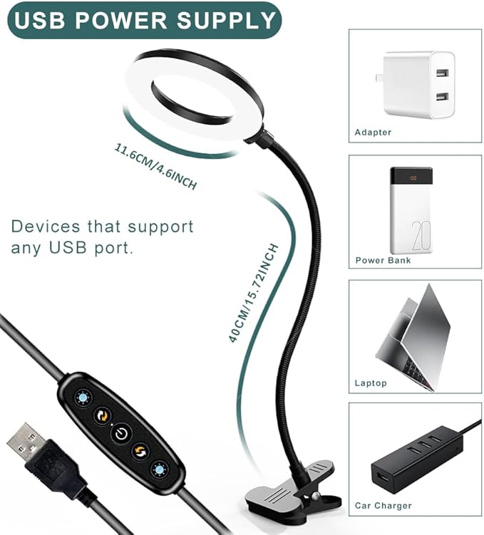 LED Desk Lamp with Clamp, Eye-Caring Reading Light with 3 Color Modes 10 Brightness, Flexible Gooseneck Clip On Lamp for Home Office Bed Headboard, USB Powered Dimmable Table Light