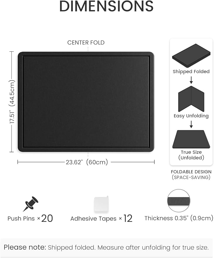 Fluxynara Bulletin Board, 23.6" x 17.5" Cork Board Alternative with 12 Safe Removable Adhesive Tabs, Foldable Felt Pin Board for Home Office, Classroom, Bedroom,Entryway for Walls— Black