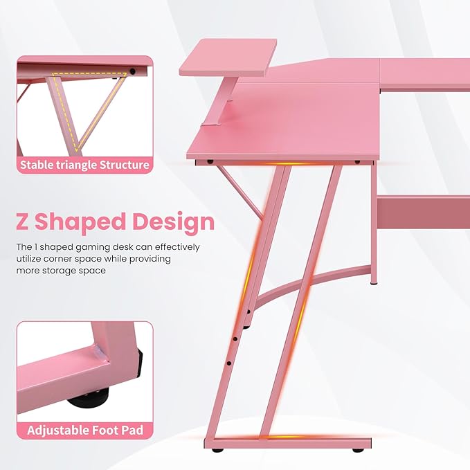 L Shaped Gaming Desk, 50 Inch Corner Desk, Office Computer Desk with Large Monitor Stand for Home Office Sturdy Writing Workstation, Easy to Assemble, Pink