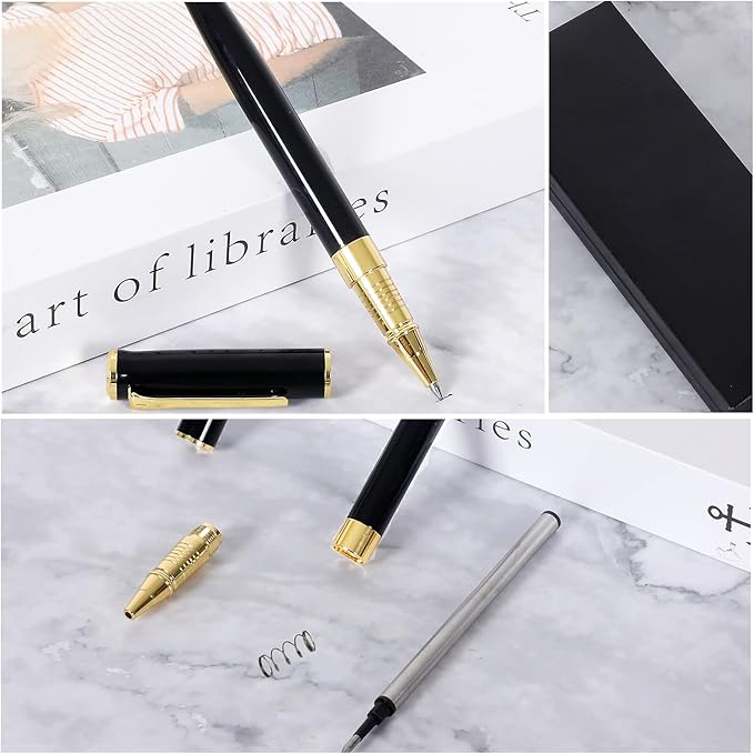 FEIDIAO Beautiful Ballpoint Pen Set,Office Business Signature Ballpoint Pen with 2 Replacement Black Refills, 0.5mm Nib, Black Classic Gift Box, Writing Gift for Men and Women (Black Gold A)