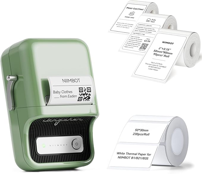 NIIMBOT B21 Label Maker, 2 Inch Portable Thermal Label Printer, Label Maker Machine with Tape, Compatible with Android, iOS & PC,Labeling for Home Storage Office and Small Business,Green