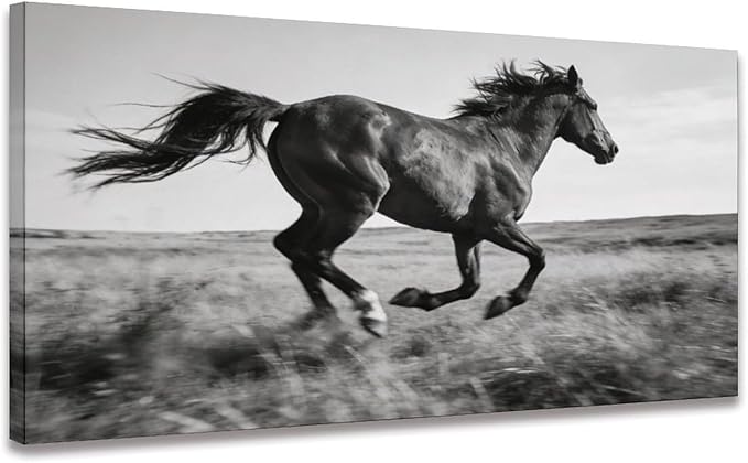 Black White Running Horse Framed Canvas Wall Art for Office, Animal Wall Decor 58" L x 28" W