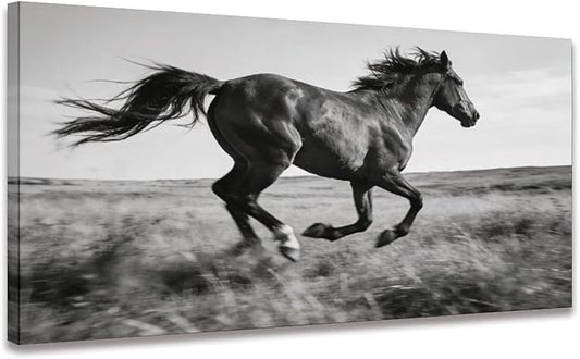 Black White Running Horse Framed Canvas Wall Art for Office, Animal Wall Decor 40" L x 20" W