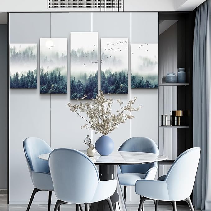 Canvas Wall Art For Living Room Wall Decorations For Bedroom Modern Office Wall Decor Foggy Forest Trees Landscape Paintings Stretched And Framed Ready To Pictures Home Decor 5 Piece Set W60”x H30”