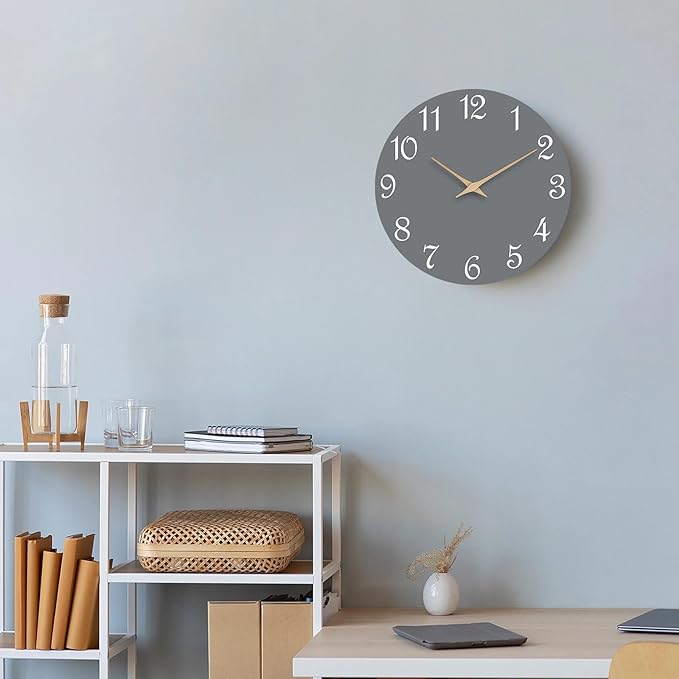 Mosewa Wall Clock Silent Non Ticking Decorative for Bedroom Bathroom Office Living Room Battery Operated Gray Wood Modern Simple(10 Inch)