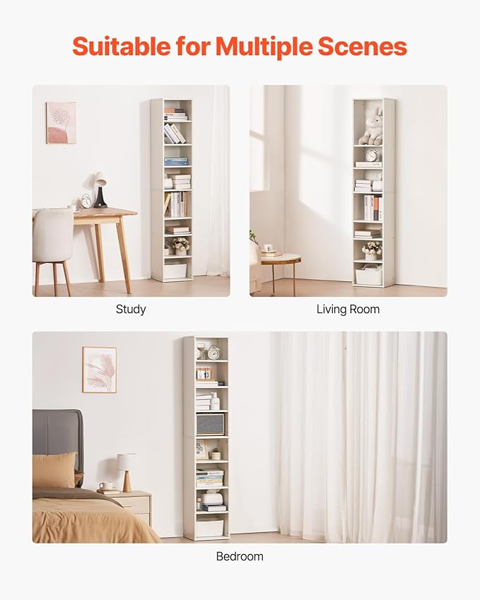 VEVOR 8 Tiers Narrow Bookshelf, 71 in Wooden Tall Open Bookcase with Height-Adjustable Shelf, Freestanding Display Storage Floor Bookcase Bookshelf for Library, Bedroom, Living Room, Office, White