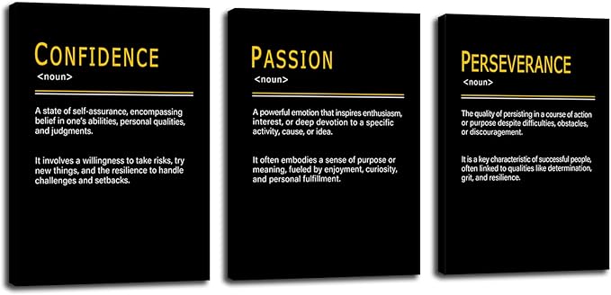 WYJDFART Inspirational Quotes Canvas Poster PASSION CONFIDENCE PERSEVERANCE Noun Pursue Goals Motivational Wall Art for Office Home Bedroom Workplace Framed Ready to Hang [60''Wx 28''H]