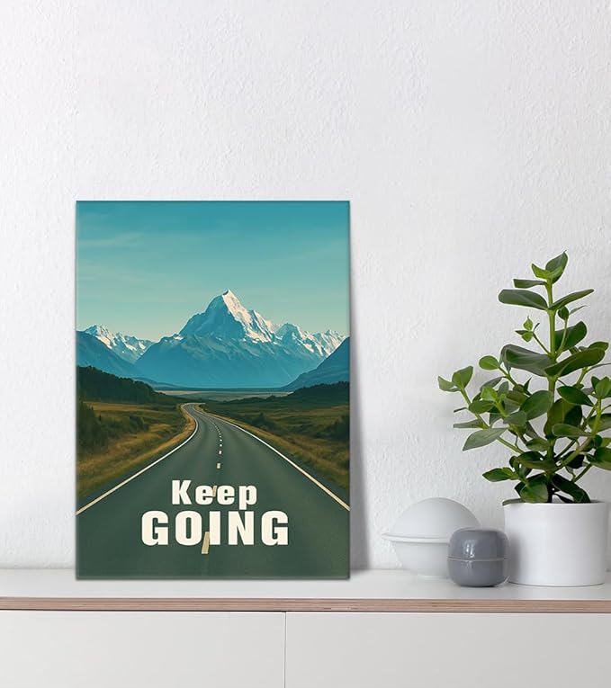 Keep Going Motivational Wall Art - Inspirational Road to Success Canvas Print, Mountain Landscape with Encouraging Quote, Modern Office Wall Decor for Home Gym Living Room, Framed 12x16 in