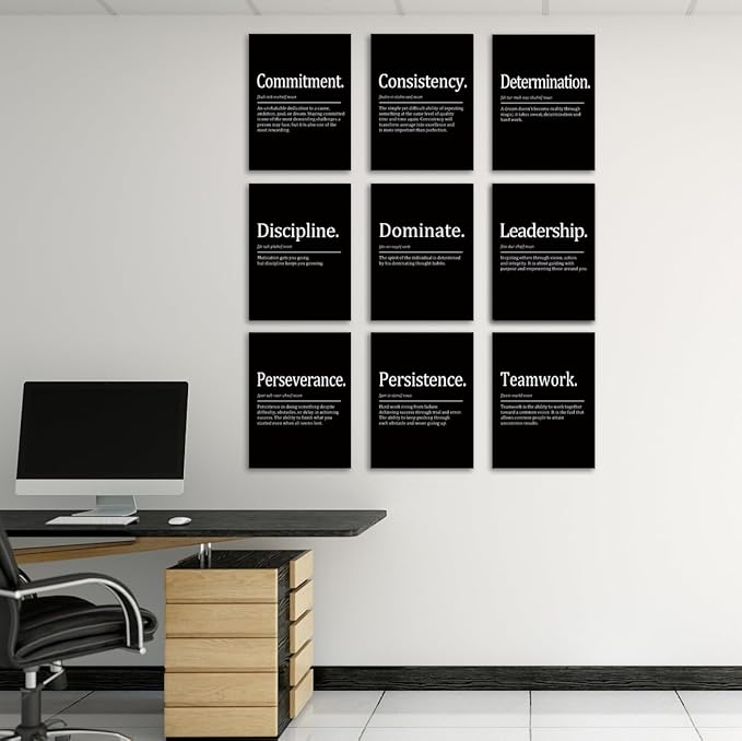 COSCTOR Set of 9 Motivational Wall Art Decor Inspirational Posters Quotes Framed Canvas Pictures Grind Hustle Execute for Workplace Office Garage Gym Classroom Bedroom(Framed,12x16)
