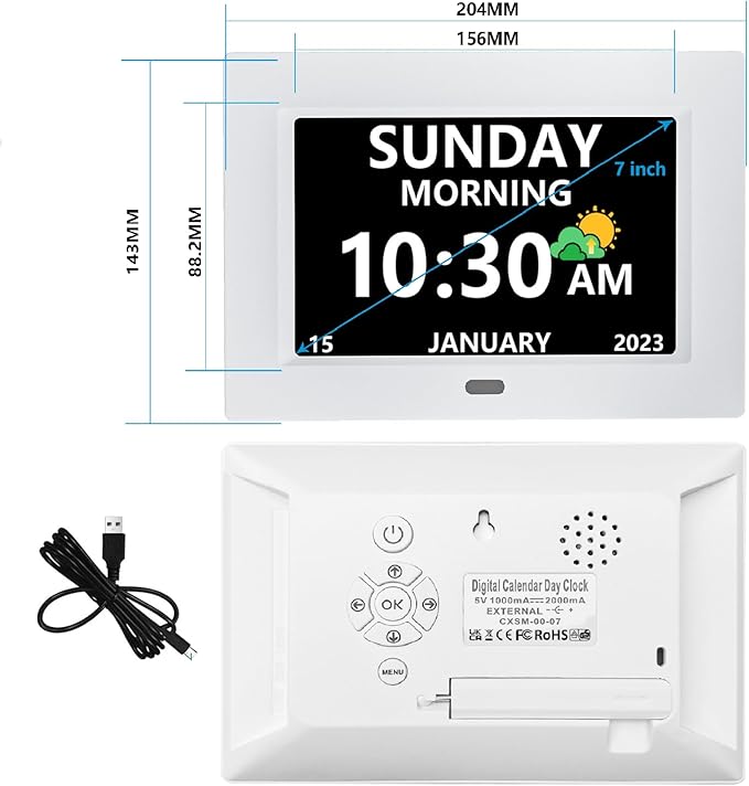 7 Inch Clock with Day and Date for Elderly Large Display Digital Clocks 12 Alarm 3 Display Modes Large Font Alzheimer's Clock Alarm Clocks for Seniors Auto DST White