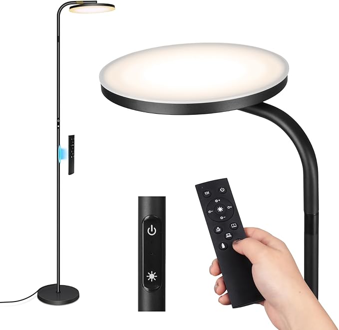 LED Floor Lamp – 36W Super Bright Standing Lamp with Remote & Touch Control, 350° Adjustable Head, Stepless Dimming & Color Temperature (3000K–6000K), Eye-Caring Light for Living Room, Bedroom, Office
