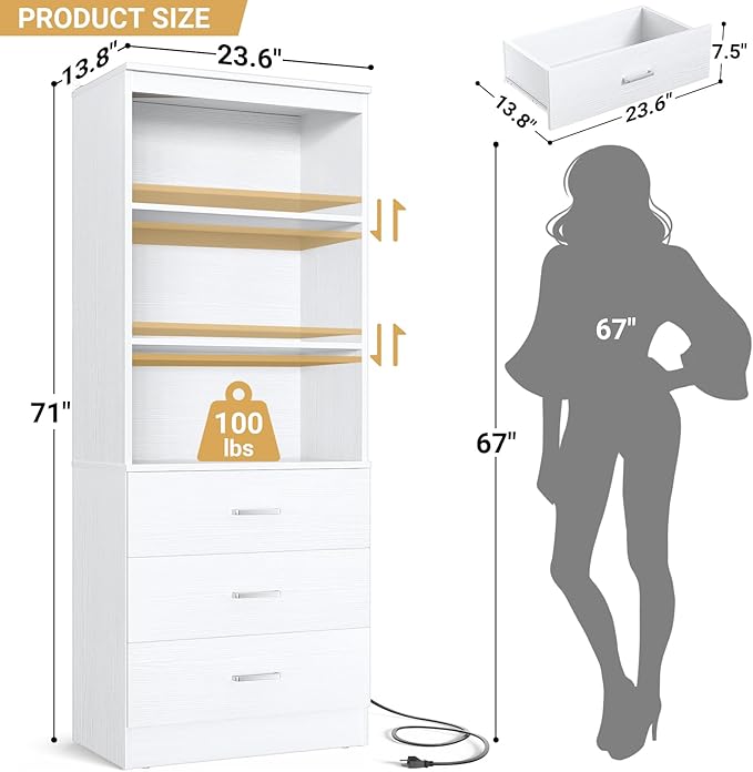 Aheaplus 71 Inches Bookshelf with Drawers, Wooden Bookcase with Open Shelves, 6-Tier Tall Storage Cabinet Book Shelf Storage Organizer for Living Room, Home Office, White (No Charge Station)