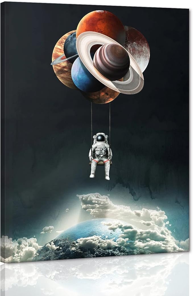 Yatsen Bridge Space Astronaut Canvas Wall Art, Creative Universe Planet Balloon Poster and Print with Frame, Modern House Decorations for Game Room Kids Room Ready to Hang - 18x24 inches