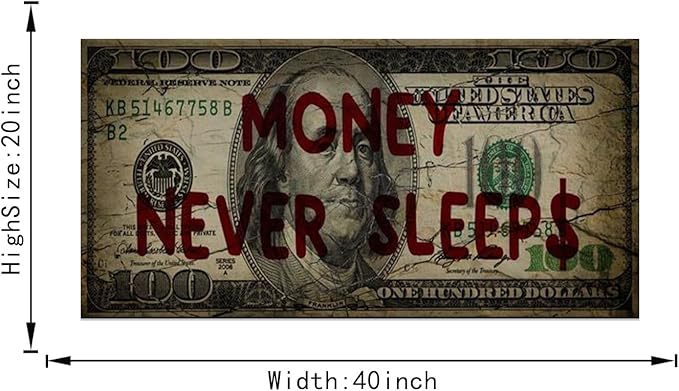 Canvas Money Wall Art Money Never Sleeps Inspirational Dollar Artwork Poster Canvas Painting Framed Ready to Hang-40x20 inches