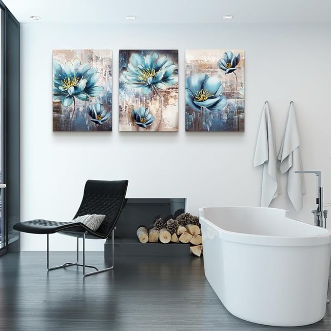 Lapremoly Large Size Canvas Wall Art For Living Room Family Wall Decor For Bedroom Abstract Blue Flowers Paintings Office Decor Modern Wall Decorations For Kitchen Pictures Artwork 20" X 28" 3 Piece
