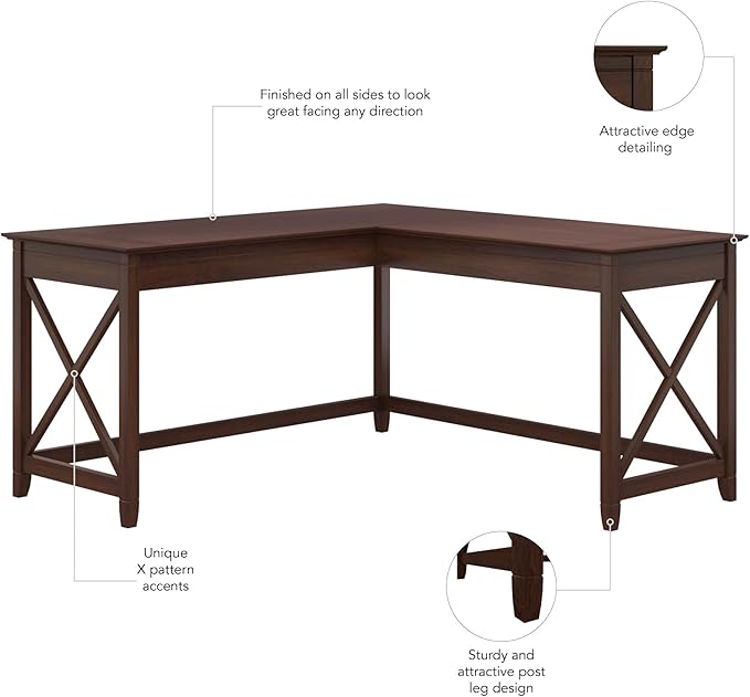 Bush Home Key West 60W Modern Farmhouse L Shaped Desk in Bing Cherry, 60-Inch Corner Computer Table for Home Office Workspace
