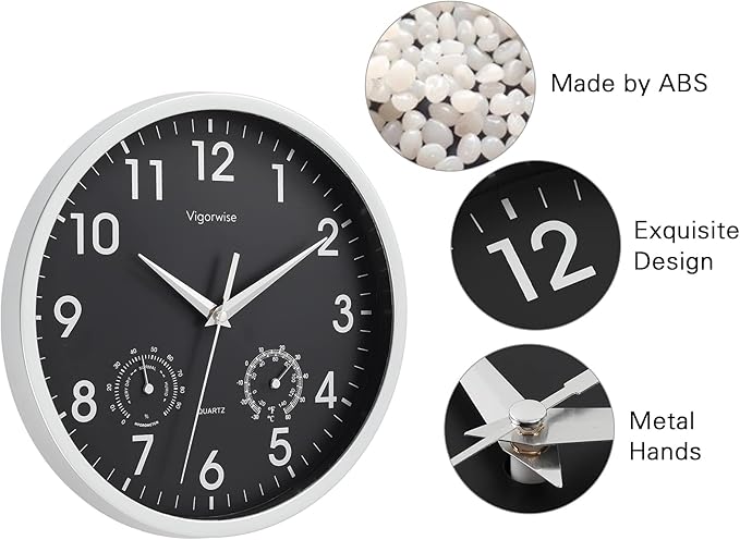 Wall Clock, Sweep Silent Movement Accurate Clocks with Temperature & Humidity, Decorative for Kitchen/Living Room/Bedroom/Office/Bathroom/Classroom (Silver, 10 inch)