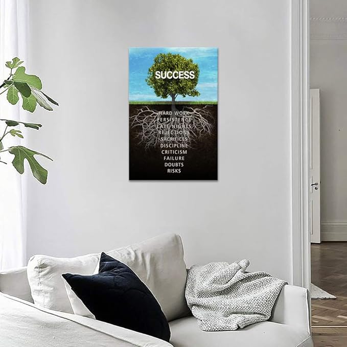 Success Tree Wall Art Inspirational Painting on Canvas Motivation Entrepreneur Quotes Pictures Posters and Prints Artwork Modern Inspirng Office Decor Living Room Gym Decorations Framed (12x16 in)