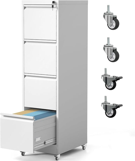 4 Drawer File Cabinet with Wheels, Metal Filing Cabinet with Lock and Wheels, Rolling Filing Storage Home Office, Vertical File Cabinets for Hanging Legal/Letter Size Files, Assembly Required, White