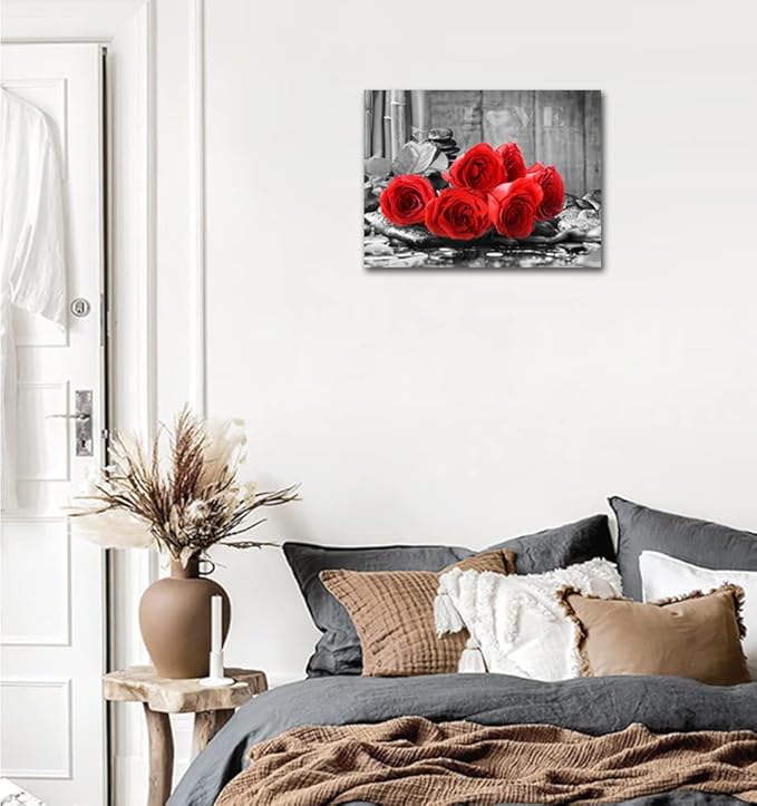 YMYXMC33 Red Rose Flower Picture Decor Wall Art Canvas Print Black and White Poster Country Love Decoration Bedroom Bathroom12x15