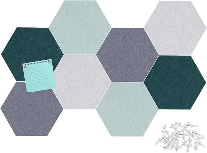 Felt Bulletin Board Tiles, 8 Pcs Hexagon Wall Tiles with Removable Adhesive, 7.9×6.9 Inch Cork Pin Board for Classroom, Home, Office (Set G, Middle)