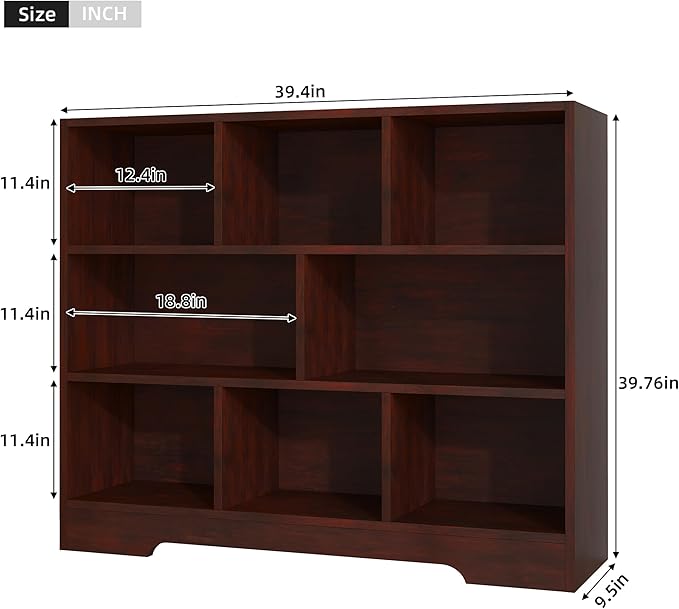 Book Shelf Set of 2, 8 Cubes Storage Organizer, 3-Tier Open Shelf Wooden Bookcase, Freestanding Cherry Bookshelf Cube Shelf for Bedroom, Living Room, Home Office