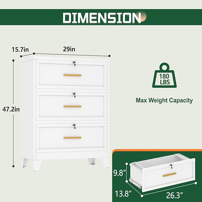 3 Drawer File Cabinet with Lock, Metal Lateral File Cabinets for Home Office, Steel Wide Filing Organization Storage Cabinets, Home Office Furniture for Hanging Files Letter/Legal/F4/A4 Size