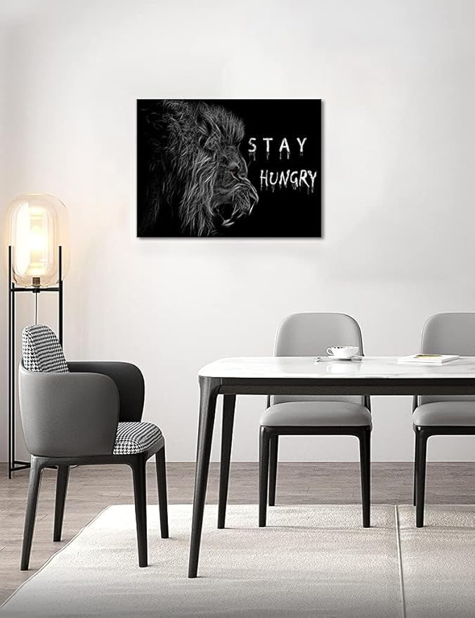 Abstract Motivational Canvas Wall Art Stay Hungry Roaring Lion Artwork Wall Pictures Black and White Retro Inspiring Animals Art for Study Room Classroom Decor Framed Easy to Hang- 24x18 inches