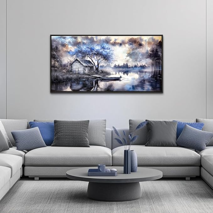 ERQINHUA Wall Art For Living Room Canvas Wall Decor For Bedroom Office Decoration Blue Tree Lakeside Landscape Painting Art Print Modern Beach Posters Ready To Hang Home Decor Black Frame 20"x40"