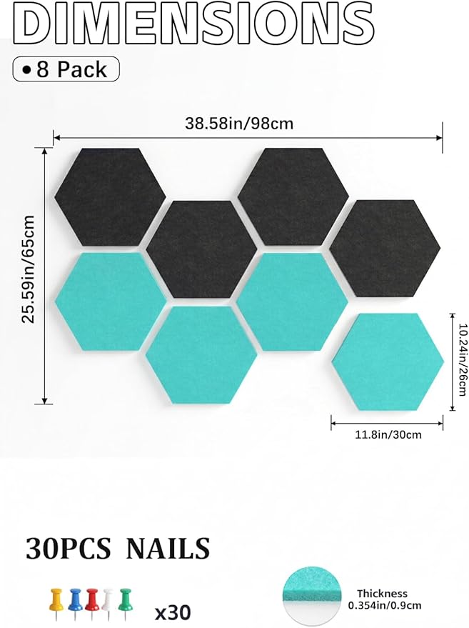 8 Pack Hexagon Felt Bulletin Board Tiles - 11.8" Large Thick Pin Board for Walls with 30 Push Pins, DIY Boards for Office Home School Decor, Aesthetic Hex Cork Board Alternative