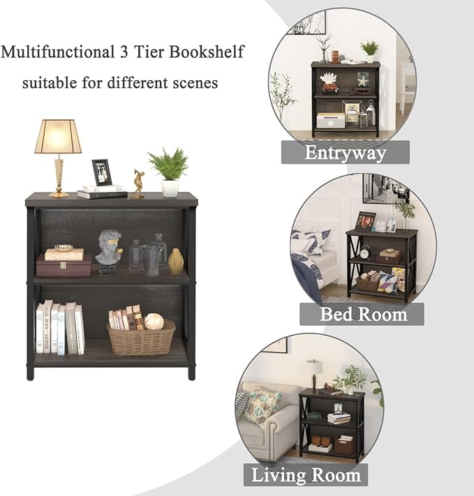 FATORRI Rustic Small Bookshelf for Small Space, Industrial Short Wood Bookcase, Farmhouse Low Book Shelf, 3 Tier Narrow Bookshelf for Living Room, Home Office, Hallway (Walnut Brown)