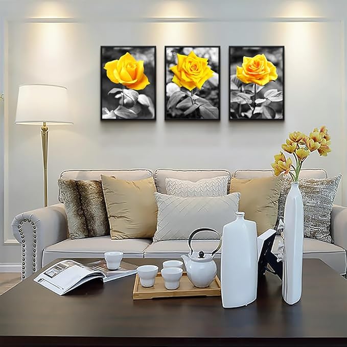 Black Framed Wall Art For Bedroom Living Room Wall Decor For Kitchen Office Decor Black And White Artwork Pictures Yellow Rose Flowers Print Frame Wall Painting Modern Room Home Decoration 3 Piece