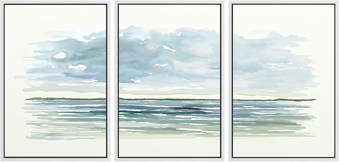 SIGNWIN Framed Canvas Print Wall Art Set Blue Watercolor Ocean Scene Coastal Beach Horizon Illustrations Modern Art Decorative Abstract for Living Room, Bedroom, Office - 16"x24"x3 White