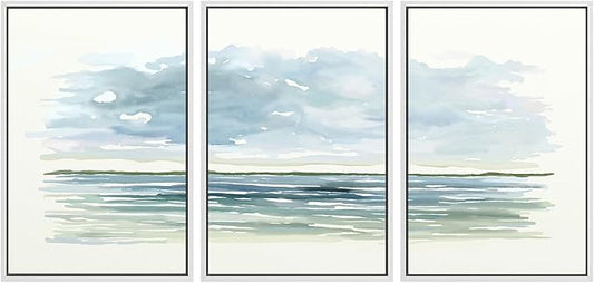 SIGNWIN Framed Canvas Print Wall Art Set Blue Watercolor Ocean Scene Coastal Beach Horizon Illustrations Modern Art Decorative Abstract for Living Room, Bedroom, Office - 16"x24"x3 White