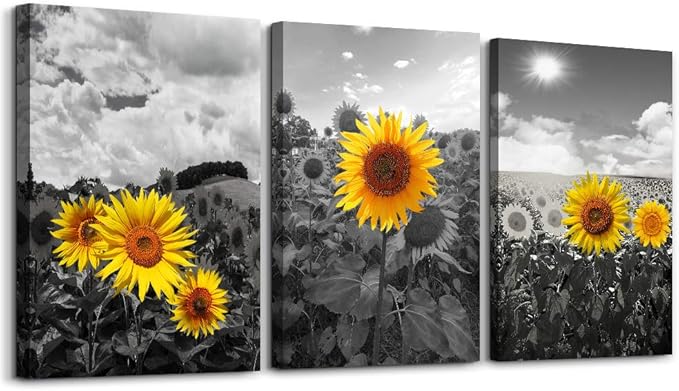 Large Size Canvas Wall Art For Living Room Family Bedroom Wall Painting Decoration,Bathroom Wall Decor Kitchen Home Decoration Black And White Sunflower Flowerswall Pictures Artwork,20x28 3 Piece