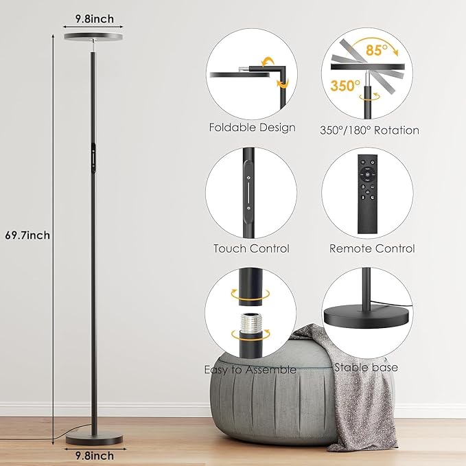 Upgraded Floor Lamps for Living Room, 32W 3000LM Super Bright LED Torchiere Floor Lamp with Remote & Touch Control, 69" Dimmable Tall Standing Lamp with 350°Rotating Head for Reading Office Bedroom