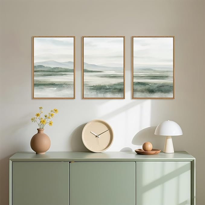 HOURIA Large Watercolor Misty Green Mountain Framed Canvas Wall Art,Neutral Brush Stroke Wall Decor,Modern Landscape Artwork,Nature Minimalist Art Print for Living Room,Bedroom,Office-16 x24 x3